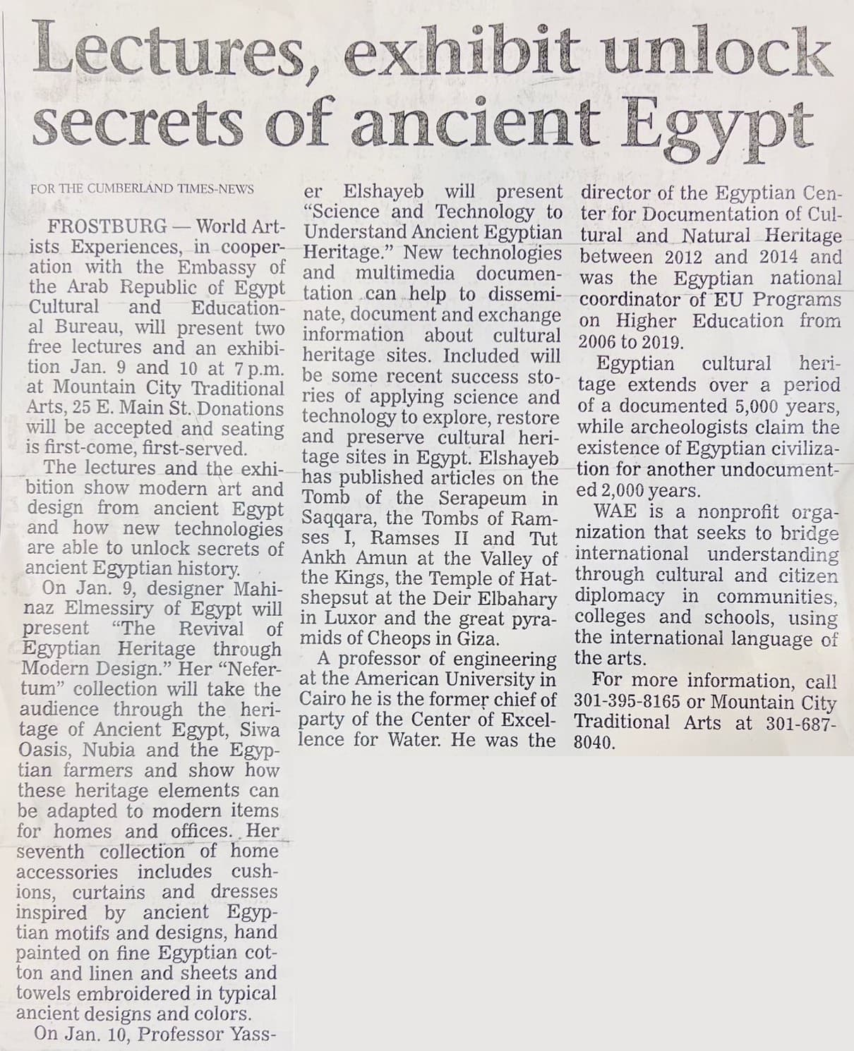 Lectures, exhibit unlock secrets of ancient Egypt — Cumberland Times-News